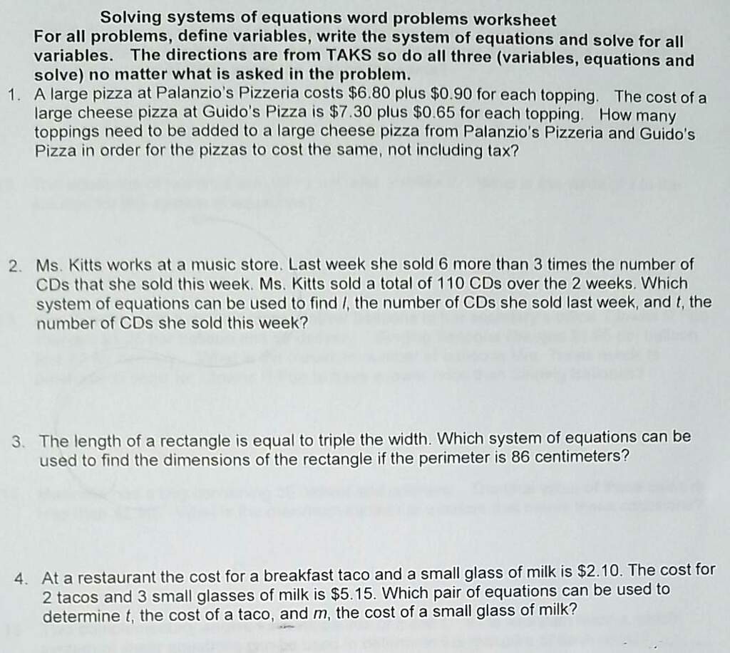 Solving Systems Of Equations Word Problems Worksheet For All