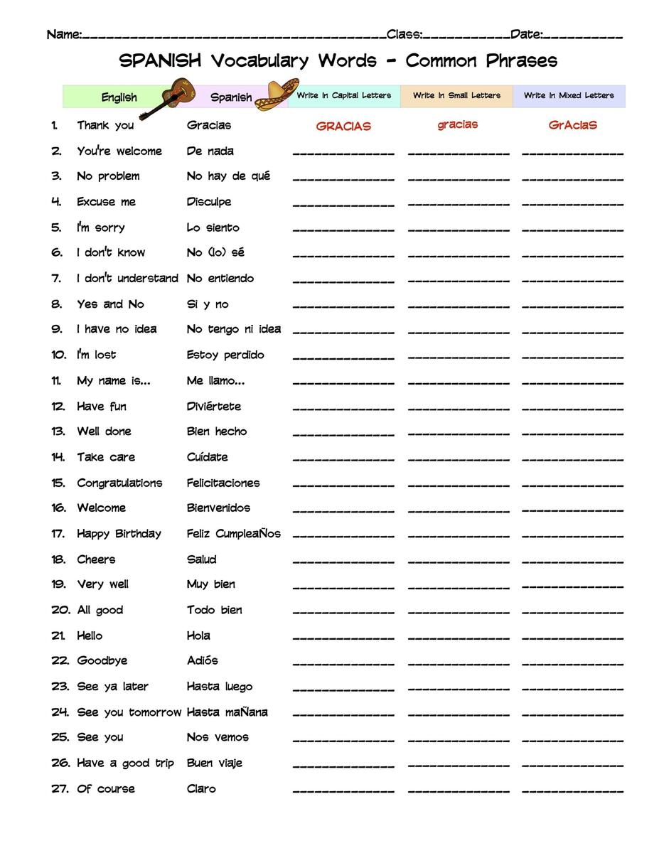 Spanish Common Phrases Vocabulary Word List Column Worksheet Made By Teachers