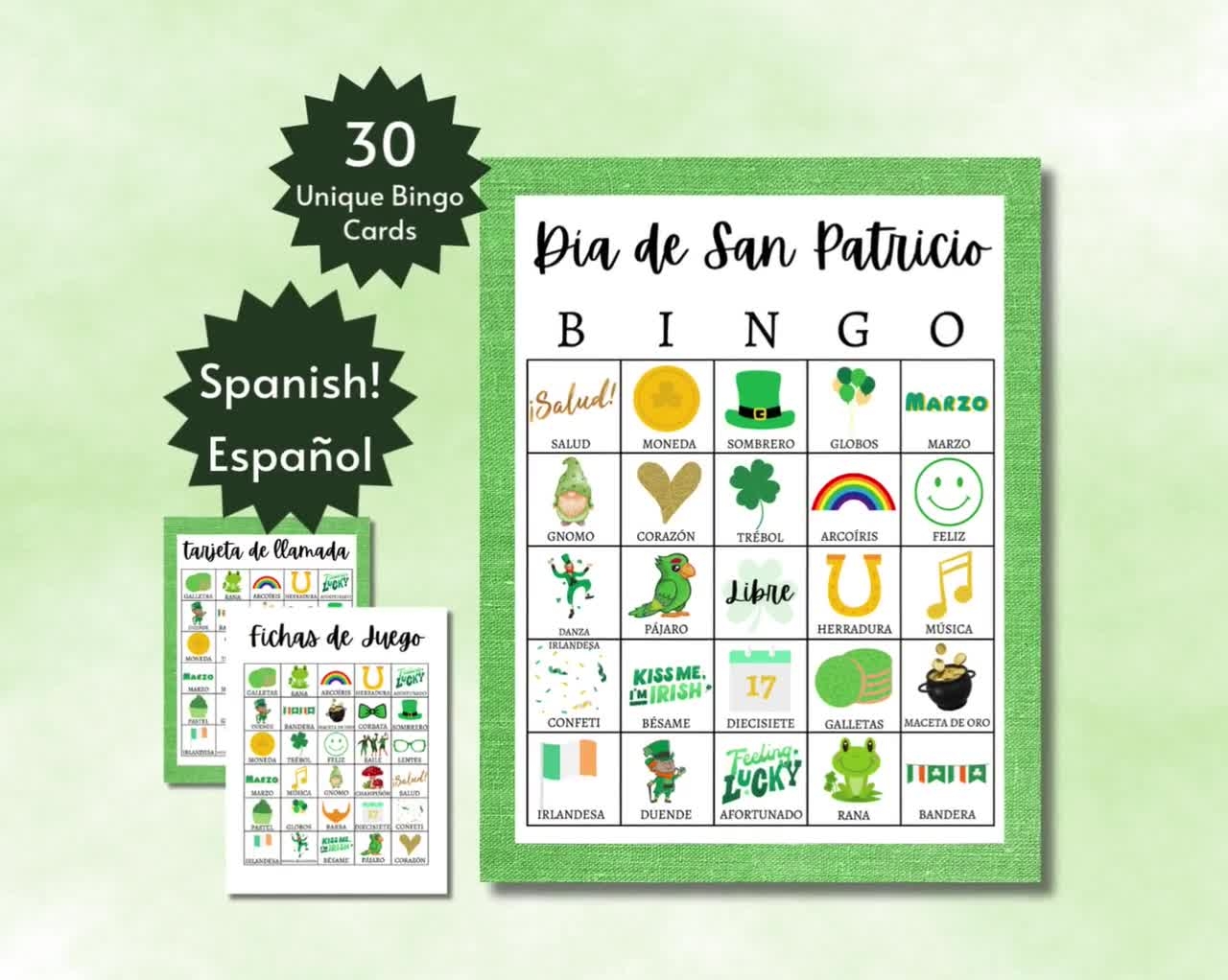 St Patrick S Day Bingo In Spanish Printable Bingo Cards For Kids Teens And Adults March Spanish Class Activity For Groups Etsy