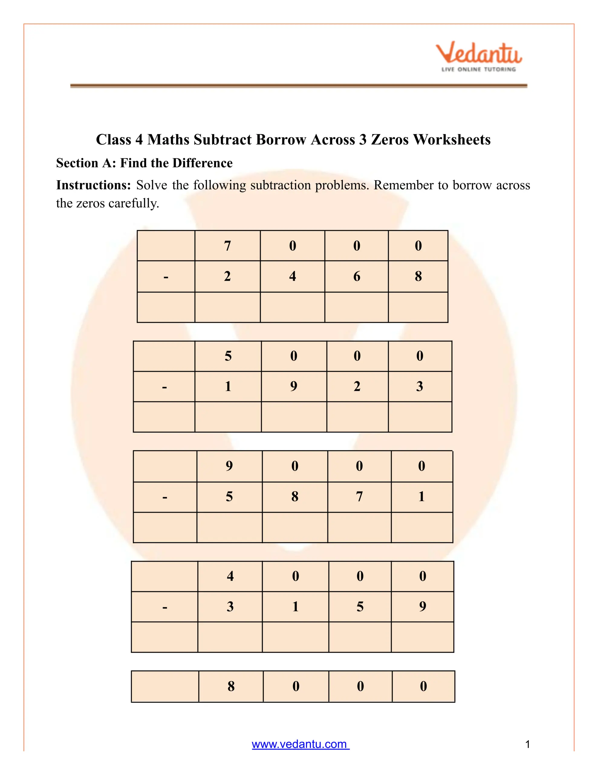 Subtract Across Zeros Worksheet Class 4 Free PDF Practice