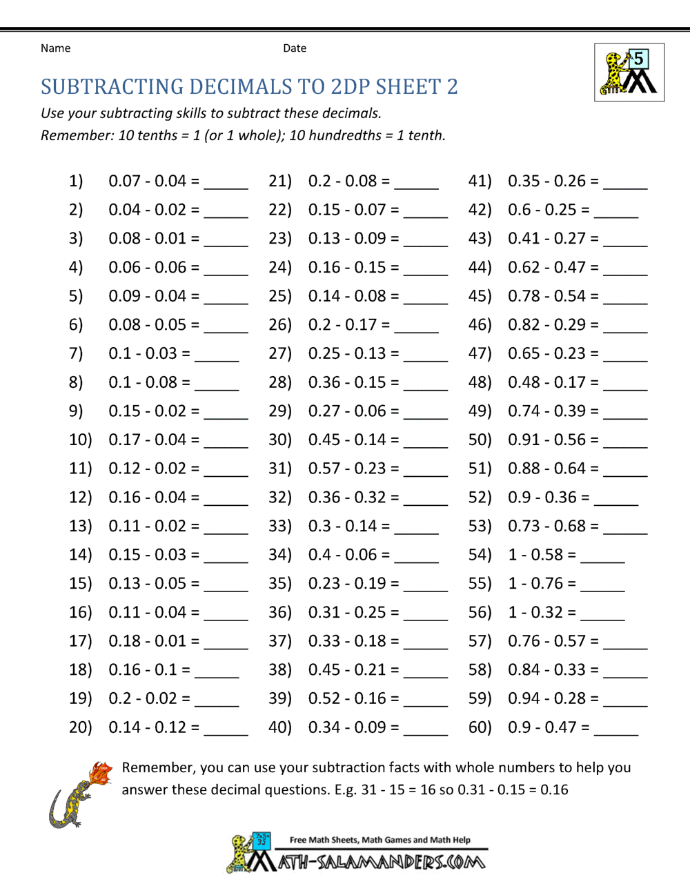 Subtracting Decimals Worksheet Subtracting Decimals Worksheet