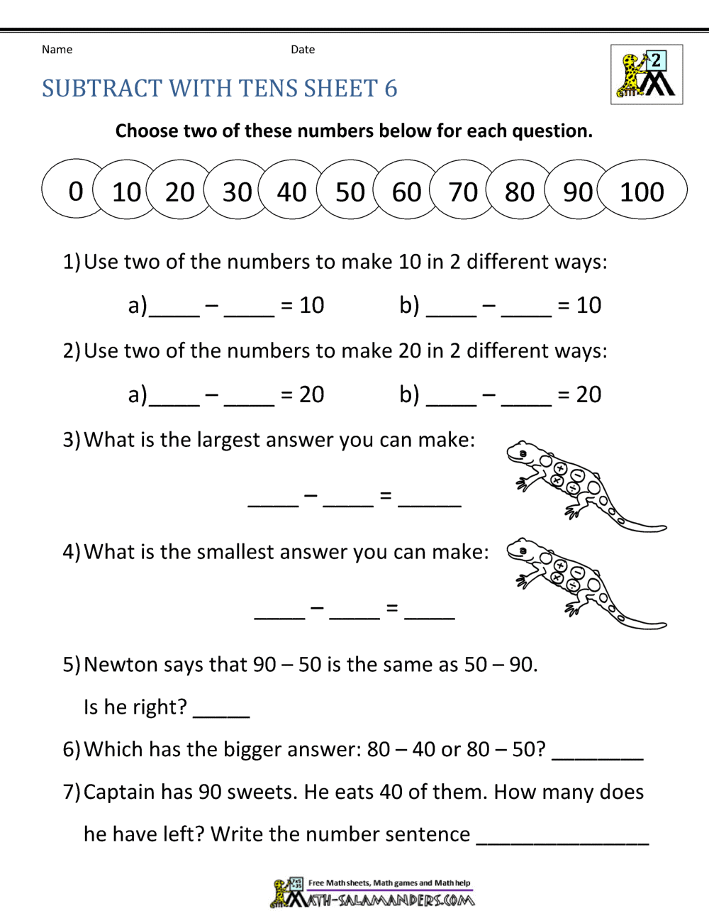 Subtracting Tens