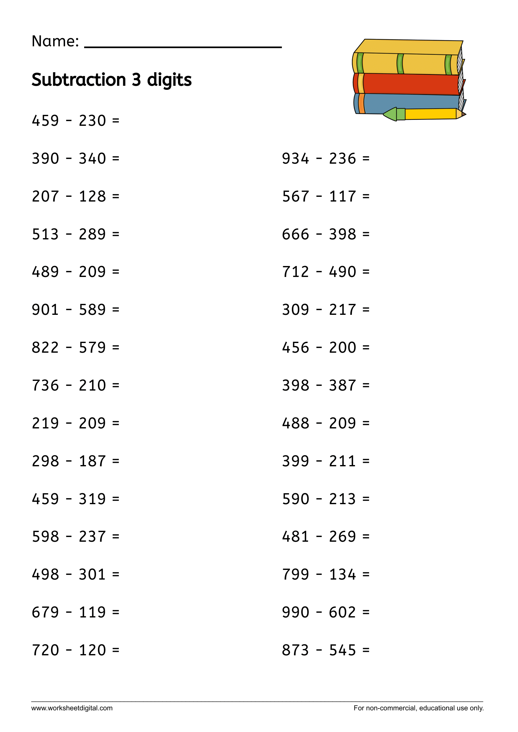 Subtraction 3 Digit Horizontal Worksheet Digital 1 Teacher Made Resources