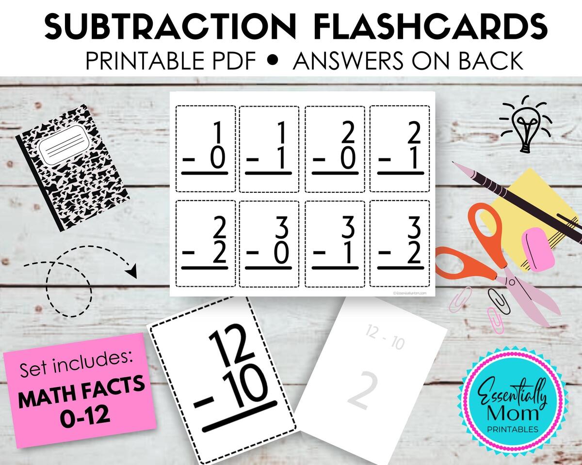 Subtraction Flashcards 0 12 Printable Math Facts PDF Etsy