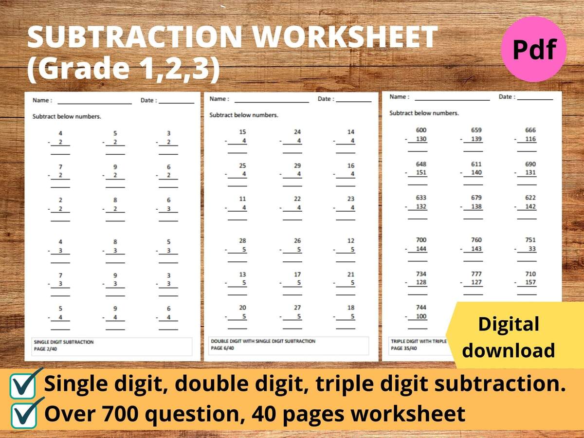 Subtraction Math Printable Worksheet With Single Double And Triple Digit Suitable For Grade 1 Grade 2 And Grade 3 Subtraction Under 1000 Etsy