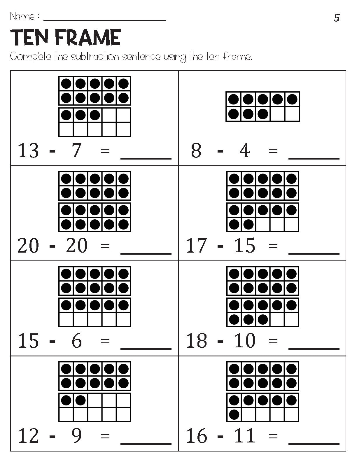 Subtraction Within 20 With Ten Frame Pictures Worksheets Etsy