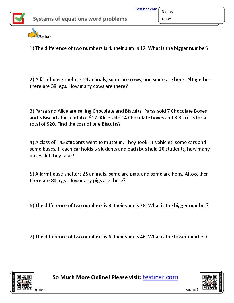 Systems Of Equations Word Problems Worksheets