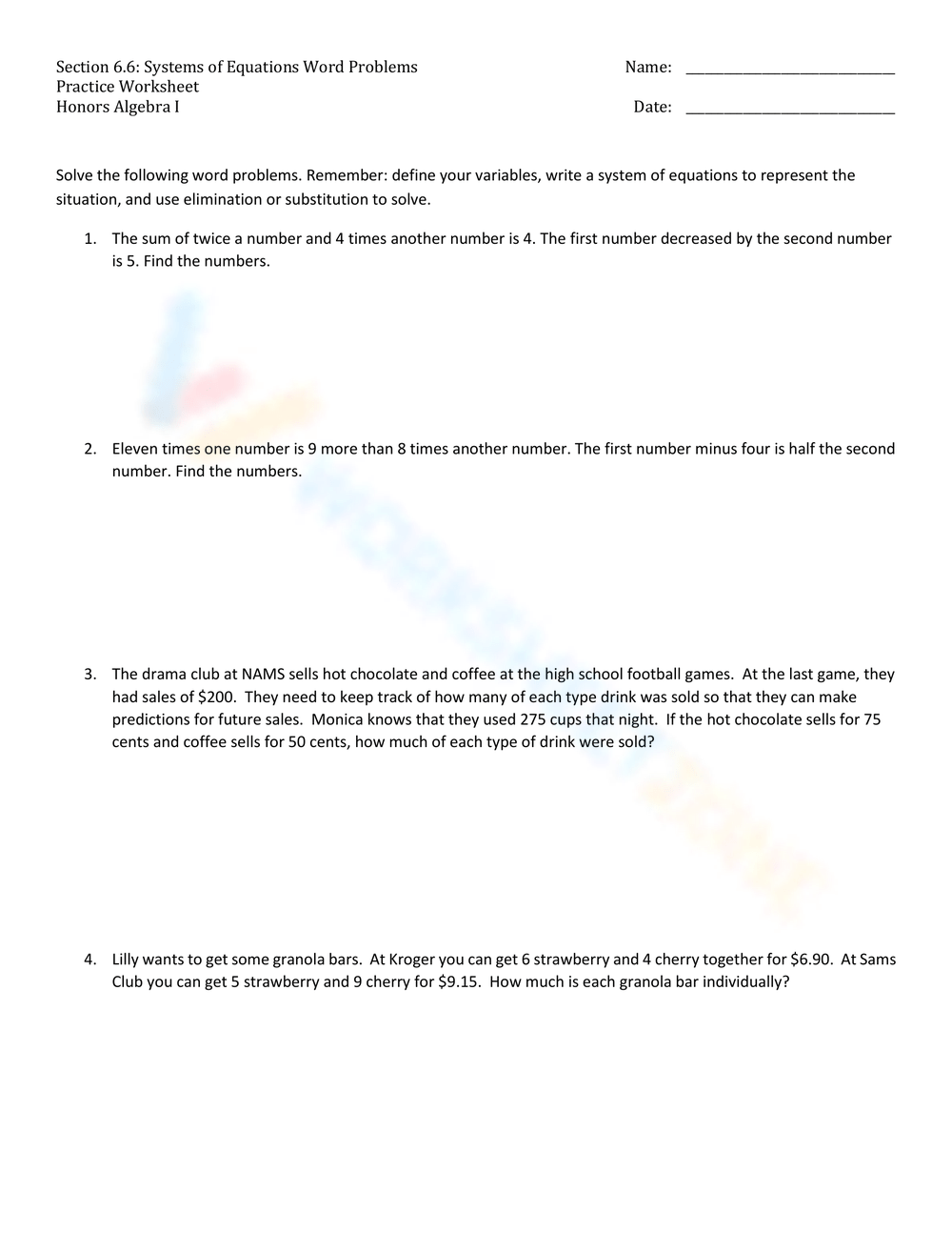 Solving Systems Of Equations Word Problems Worksheet For All