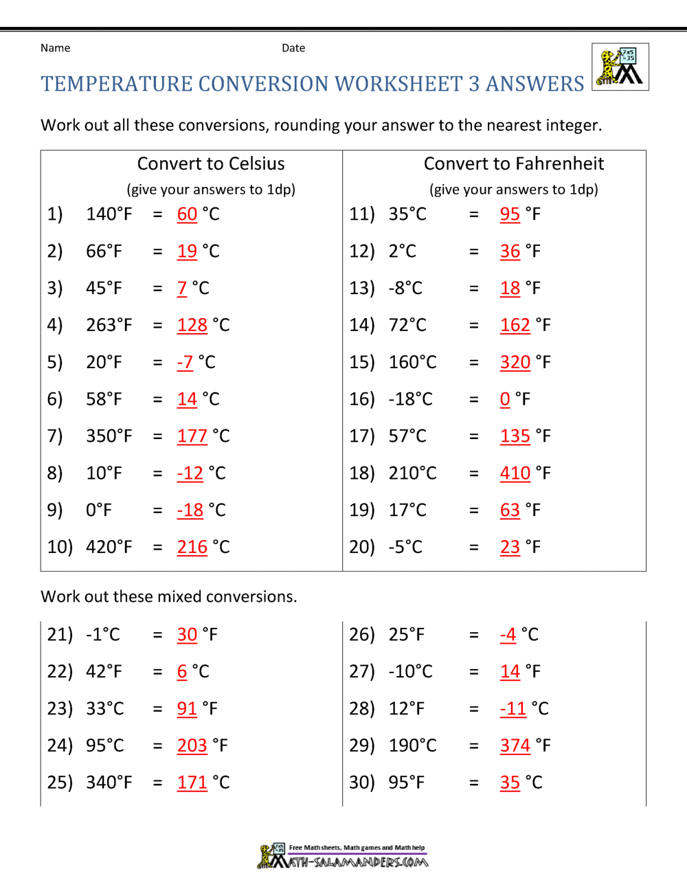 Temperature Conversion Worksheet Temperature Worksheets