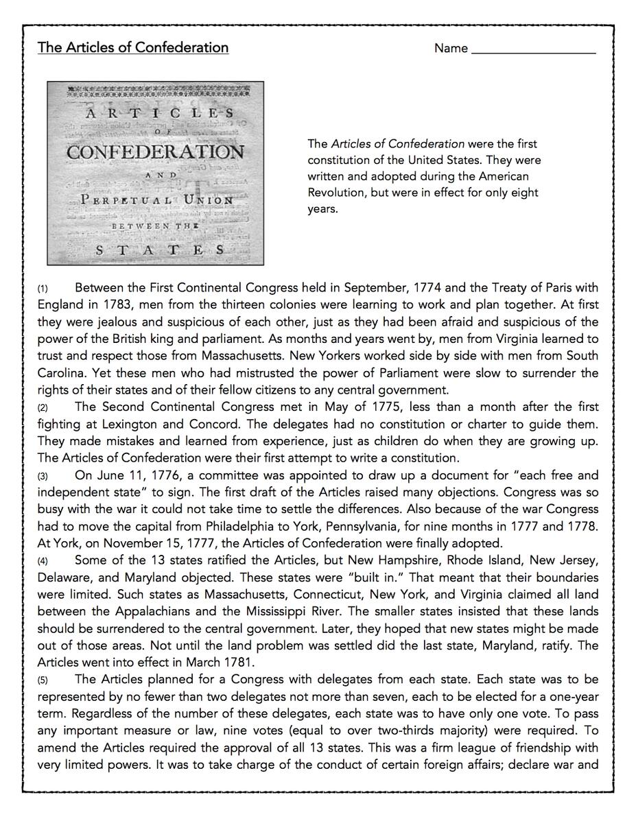 The Articles Of Confederation Reading Comprehension Passage And Assessment Classful