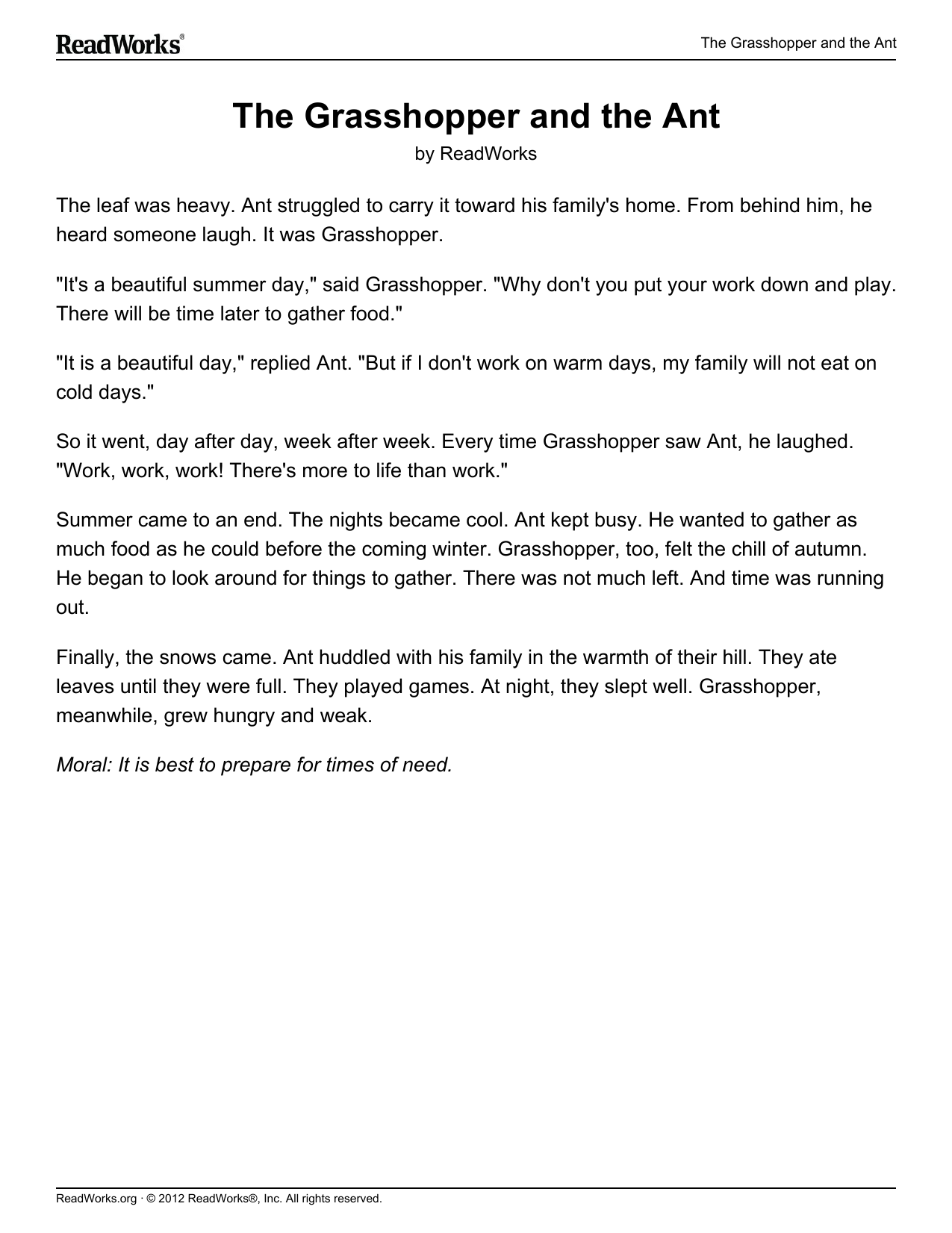 The Grasshopper And The Ant Reading Comprehension The Grasshopper And The Ant Reading Comprehension