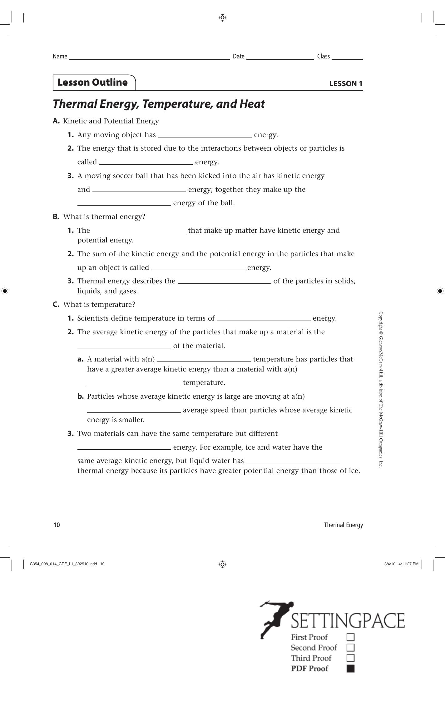 Thermal Energy Temperature And Heat Lesson Outline
