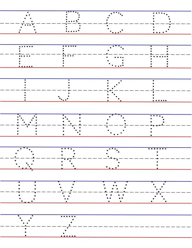 Traceable Capital Letters Alphabet Lined Paper Red Bottom Blue Top Writing Practice Worksheet Pages Printable Digital Download Etsy