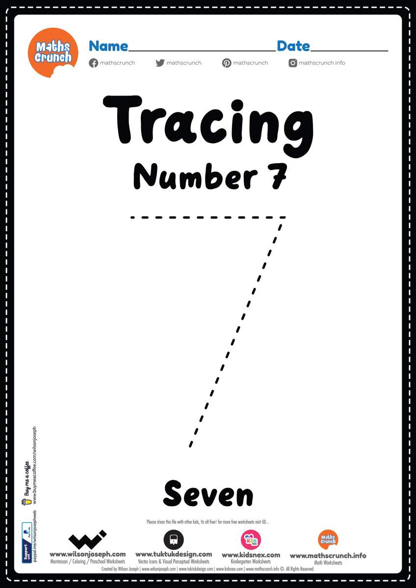 Tracing Number 7 Worksheet For Kids Free Printable PDF