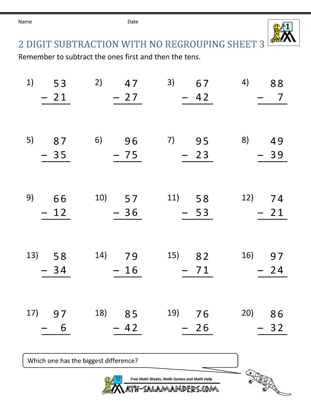 Two Digit Subtraction Without Regrouping
