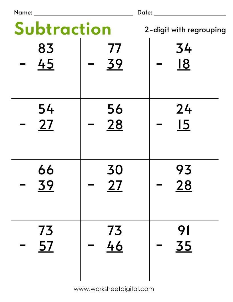 2 Digit Subtraction With Regrouping Number Math Worksheets For Grade 1 2 3 Made By Teachers
