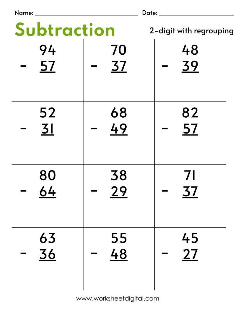 2 Digit Subtraction With Regrouping Number Math Worksheets For Grade 1 2 3 Made By Teachers