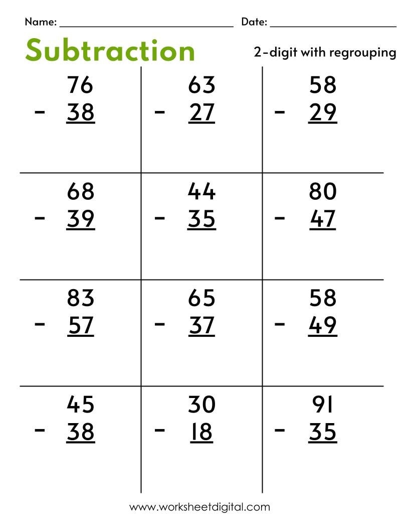 Two Digit Subtraction Worksheets With Regrouping PDF Etsy Column Subtraction A Worksheet PDF Printable Subtraction Worksheets