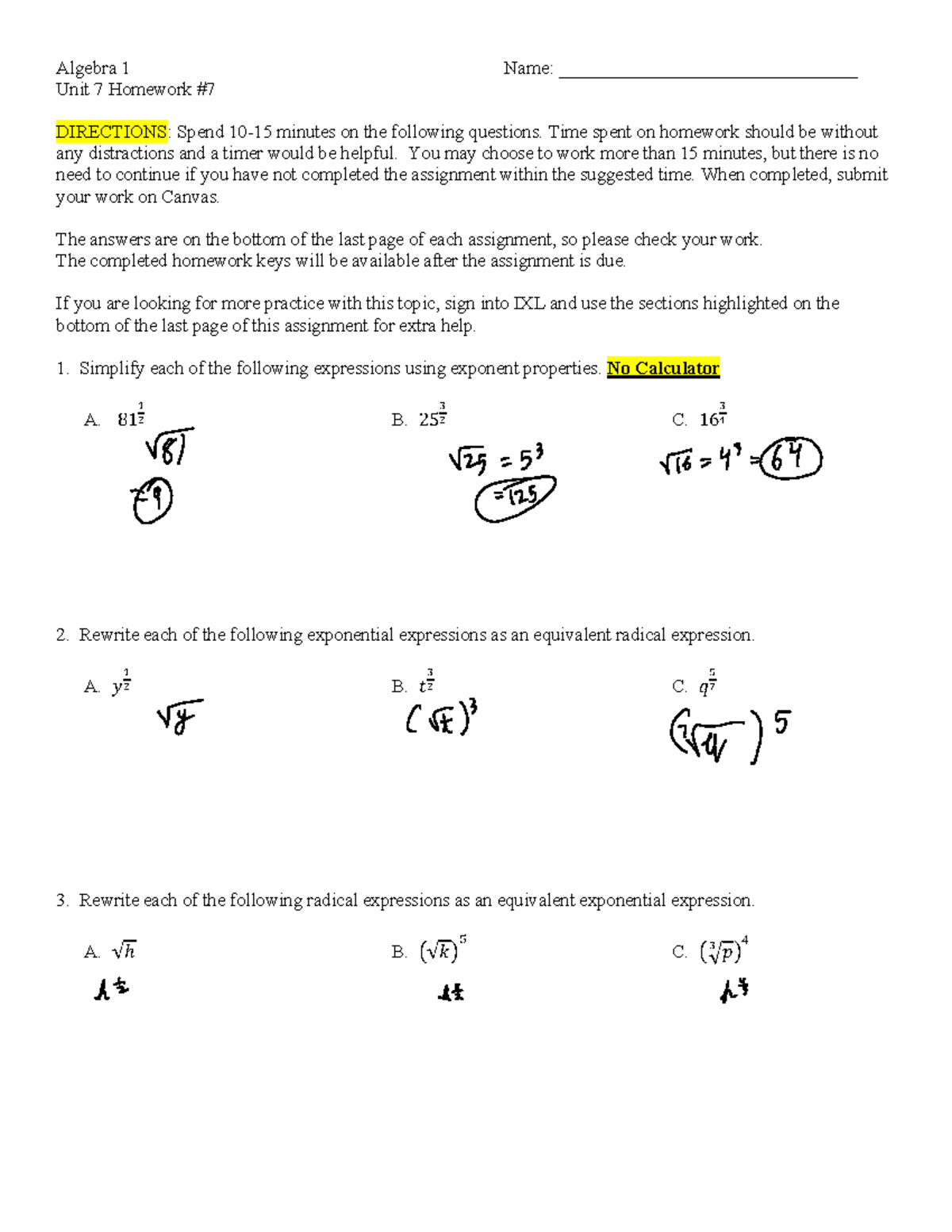 Unit 7 Algebra 1 Homework 7 Exponential And Radical Expressions Studocu