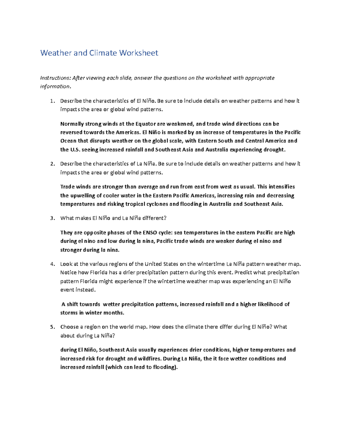 Weather And Climate Worksheet El Ni O Vs La Ni A Analysis Studocu AP ENVIRONMENTAL SCIENCE Unit 4 ASSESSMENT Version 2 Soil Atmosphere Dynamics Studocu