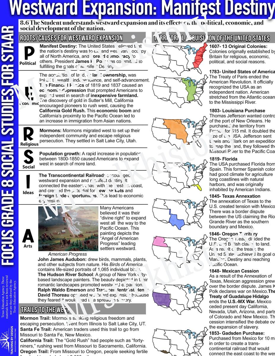 Westward Expansion Manifest Destiny Social Studies Comprehensive Study Guide Handouts U S History 8th Grade FOCUS GUIDE Digital STAAR Etsy