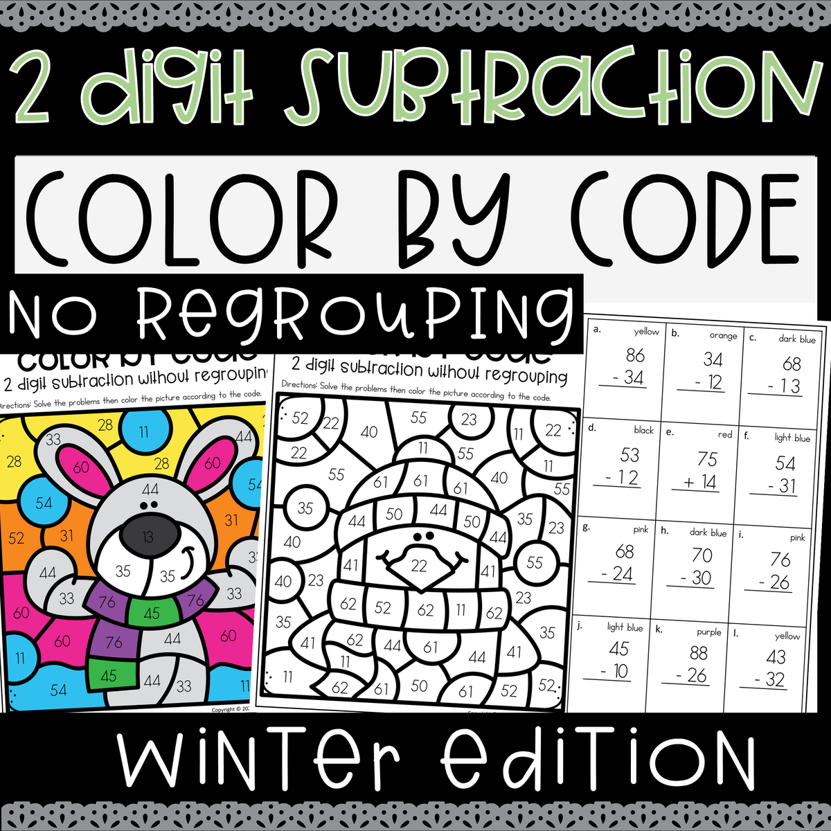 Winter 2 Digit Subtraction Without Regrouping Worksheet Color By Code Made By Teachers