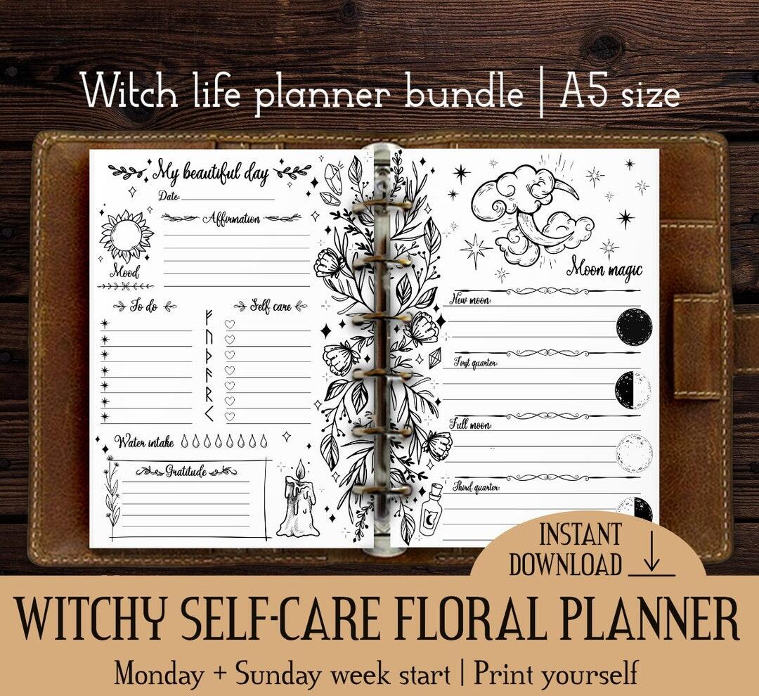 Witch S Planner Printable A5 Size Ink Saver Print Yourself Undated Floral Journal Self Care Magic Witchy Printable Black White Planner Etsy Free Printable Planner Inserts For Large Planners Plus Bonus Planner Stickers