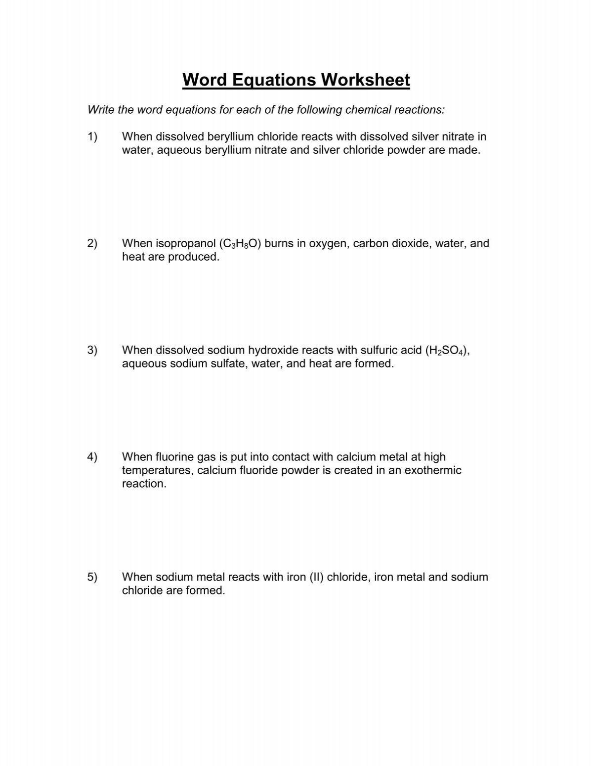 Word Equations Worksheet Word Equations Worksheet