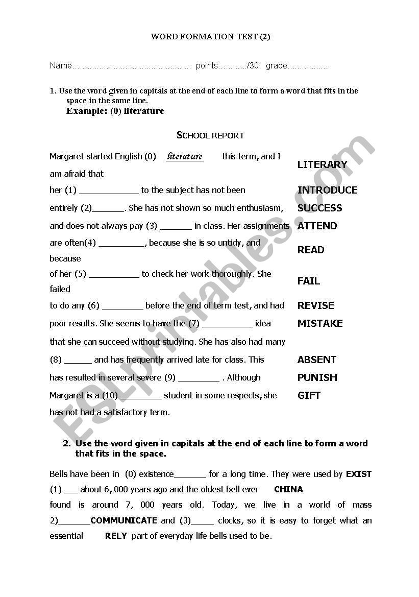 WORD FORMATION TEST 2 ESL Worksheet By Kopciuszek