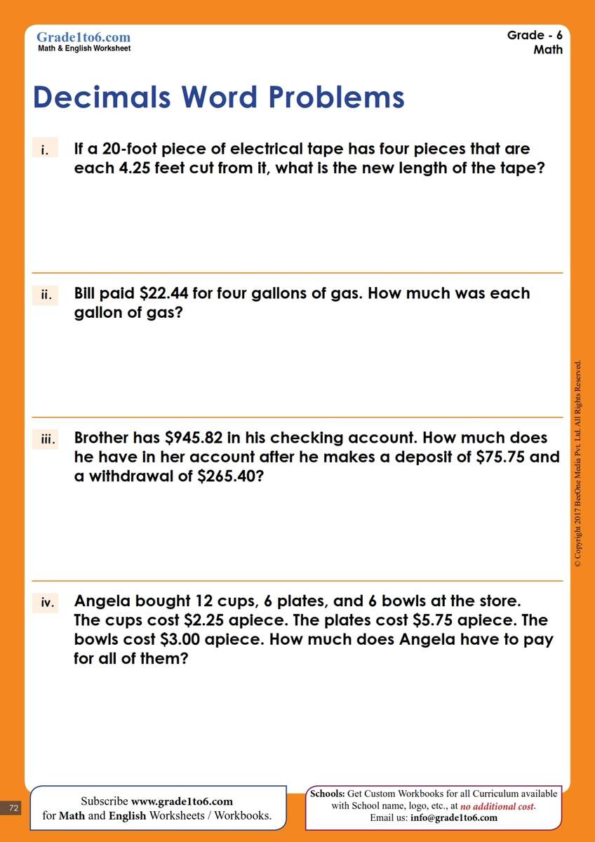 Word Problem With Multiplication Of Decimals Numbers Grade1to6