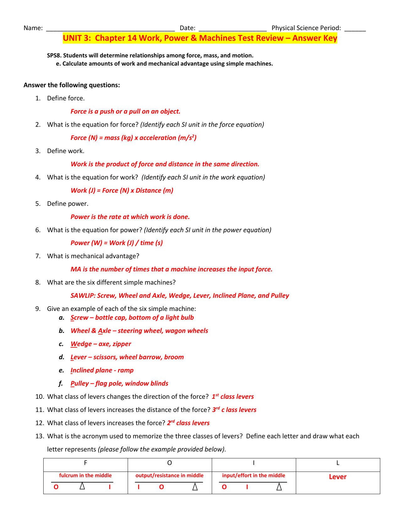 Work Power Machines Test Review Answer Key