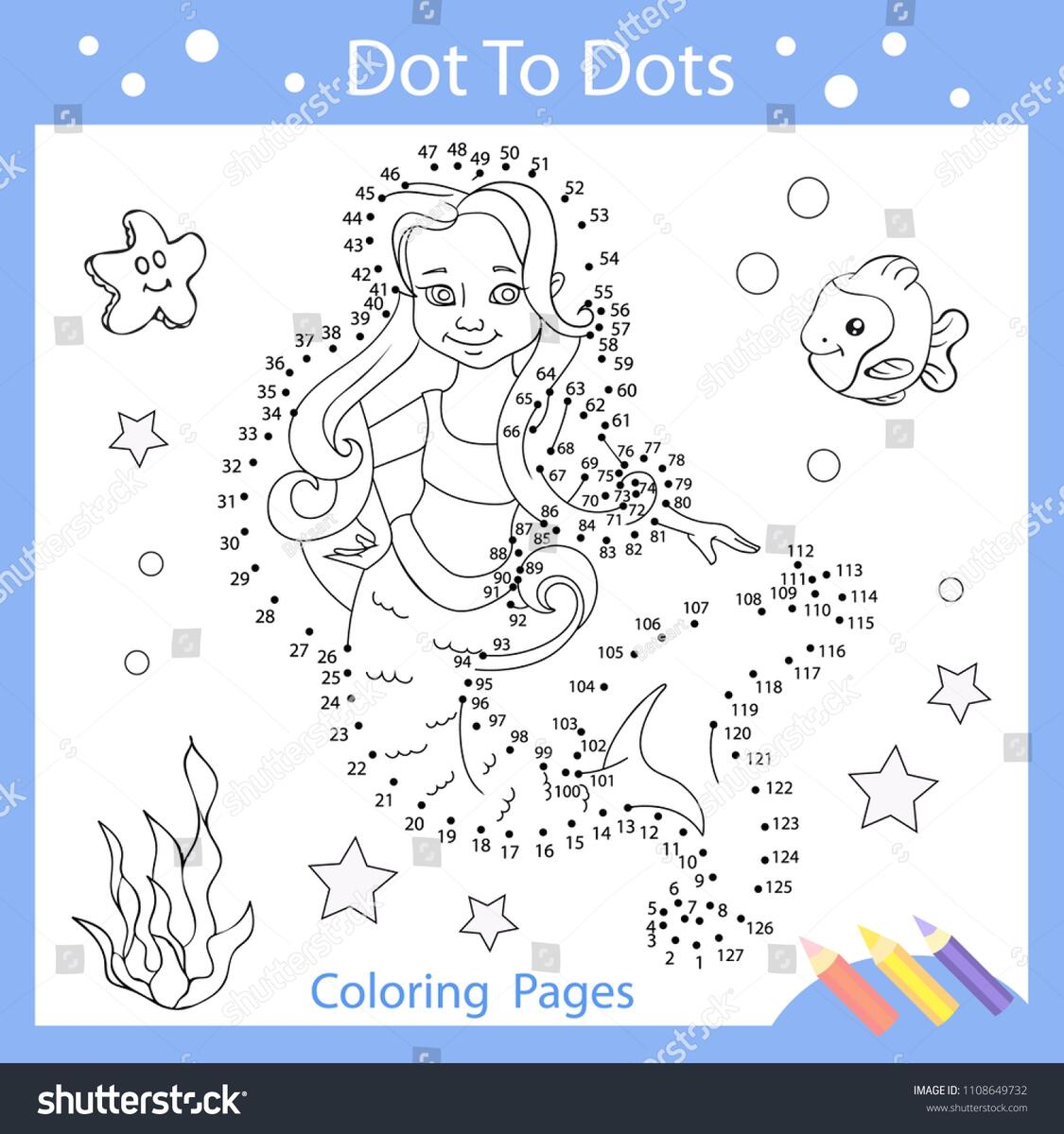 Worksheets Dot Dots Drawn Mermaid Children Stock Vector Royalty Free 1108649732 Shutterstock
