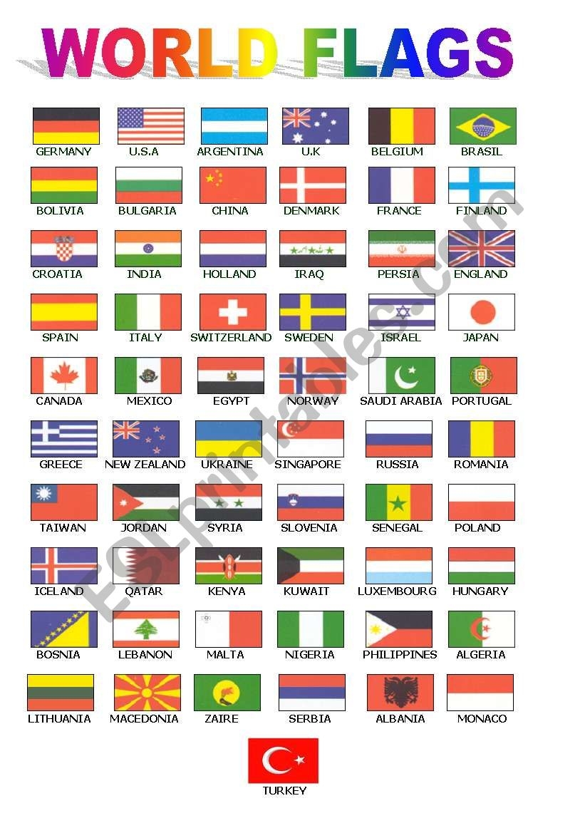 World Flags For Class Board ESL Worksheet By UgiTeacher