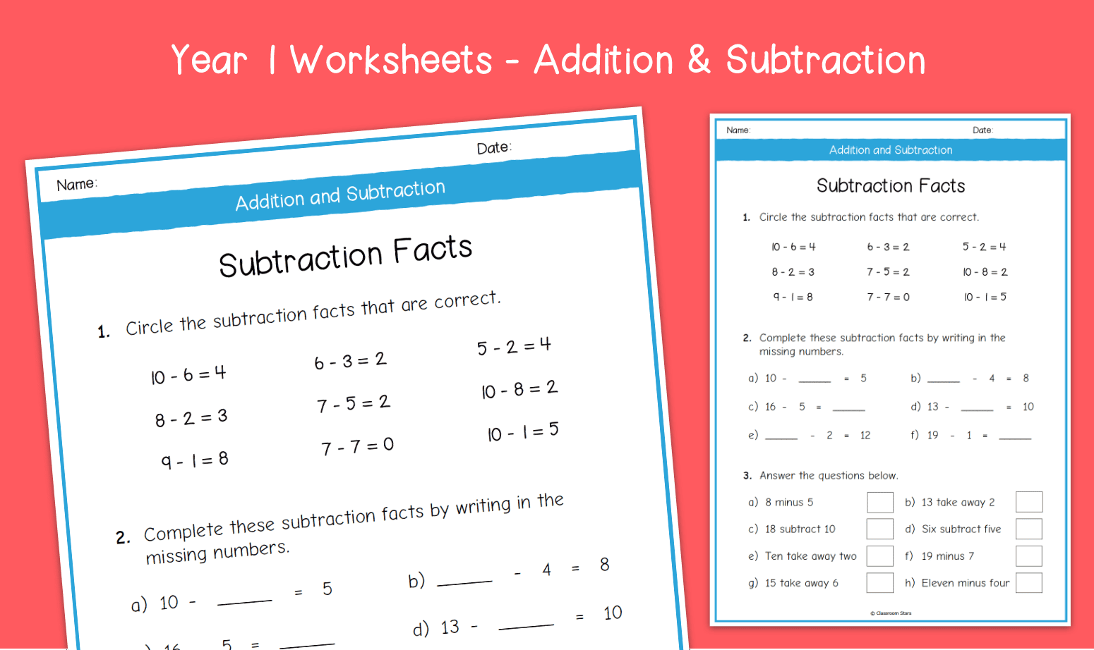 Year 1 Subtraction Facts Worksheets KS1 Subtraction Primary Maths